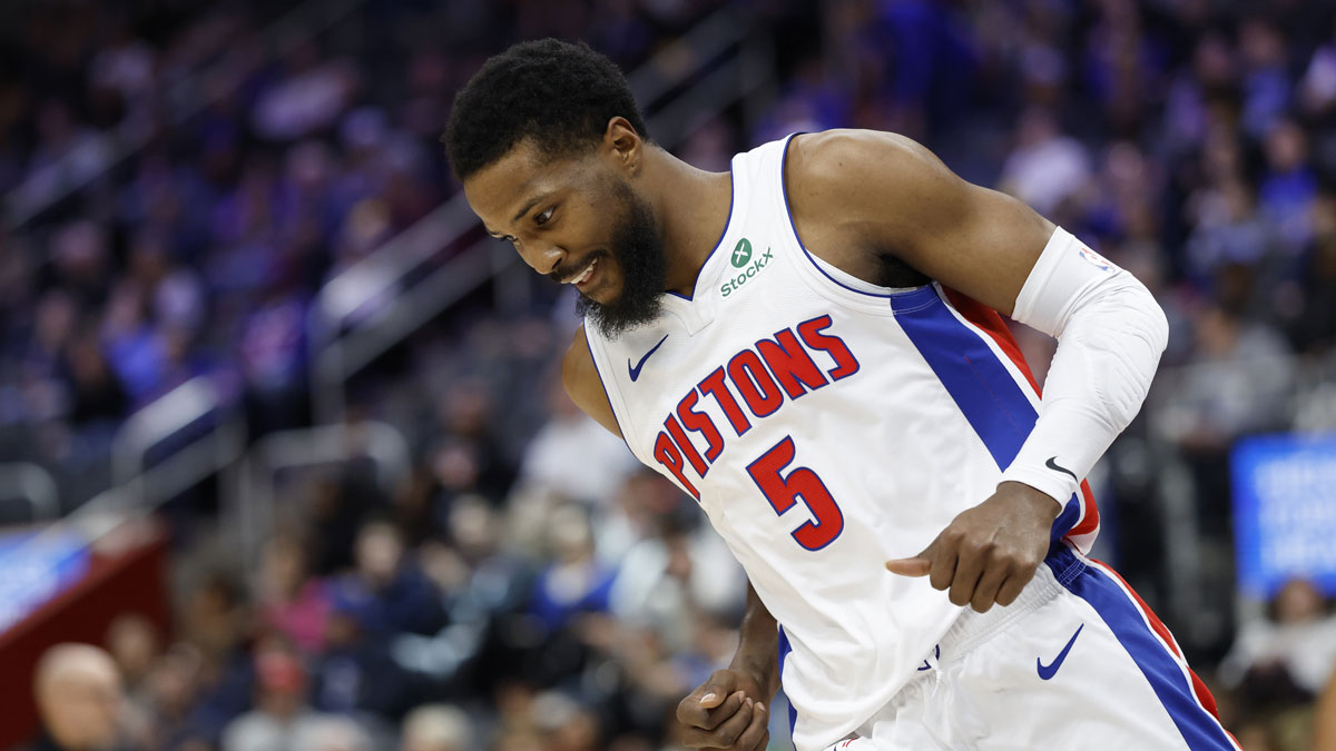 Detroit Pistons guard Malik Beasley (5) reacts in the first half against the Dallas Mavericks at Little Caesars Arena.