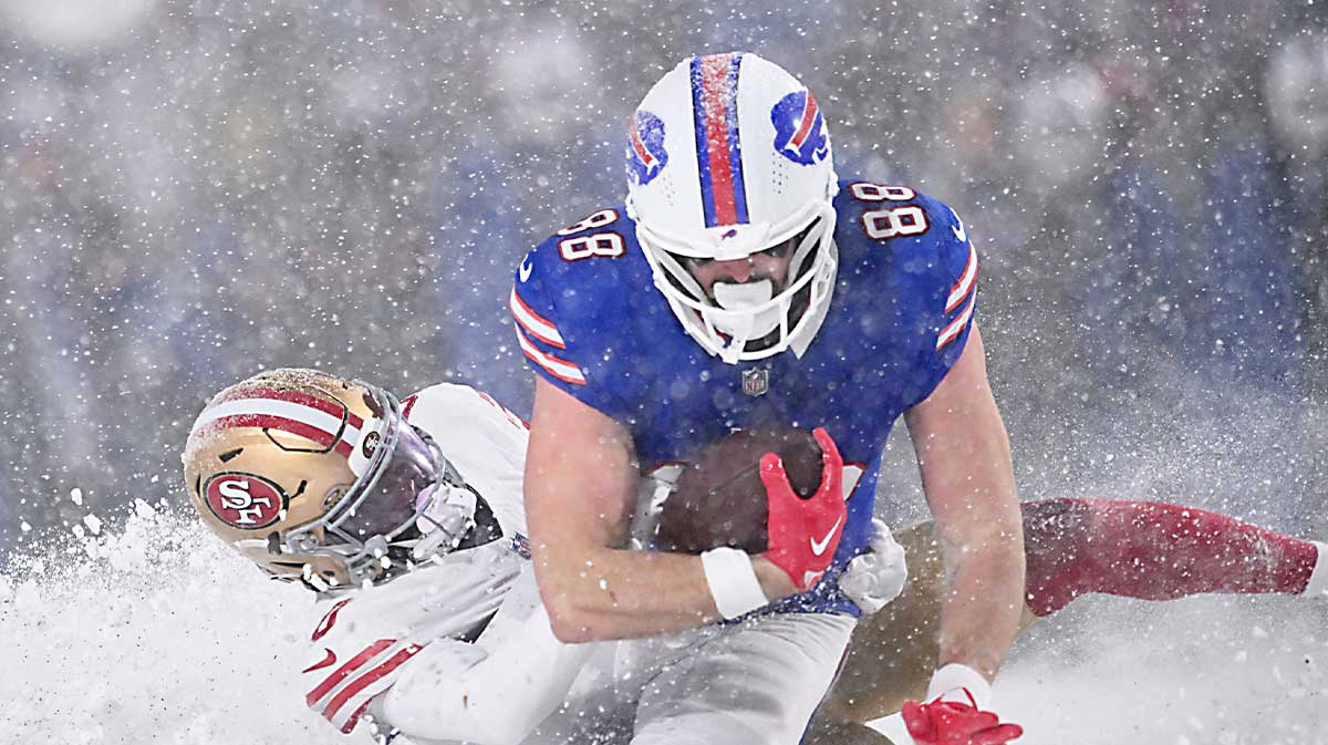 Buffalo Bills tight end Dawson Knox (88) is tackled by San Francisco 49ers safety Malik Mustapha (6) after making a catch in the fourth quarter against the Buffalo Bills at Highmark Stadium.