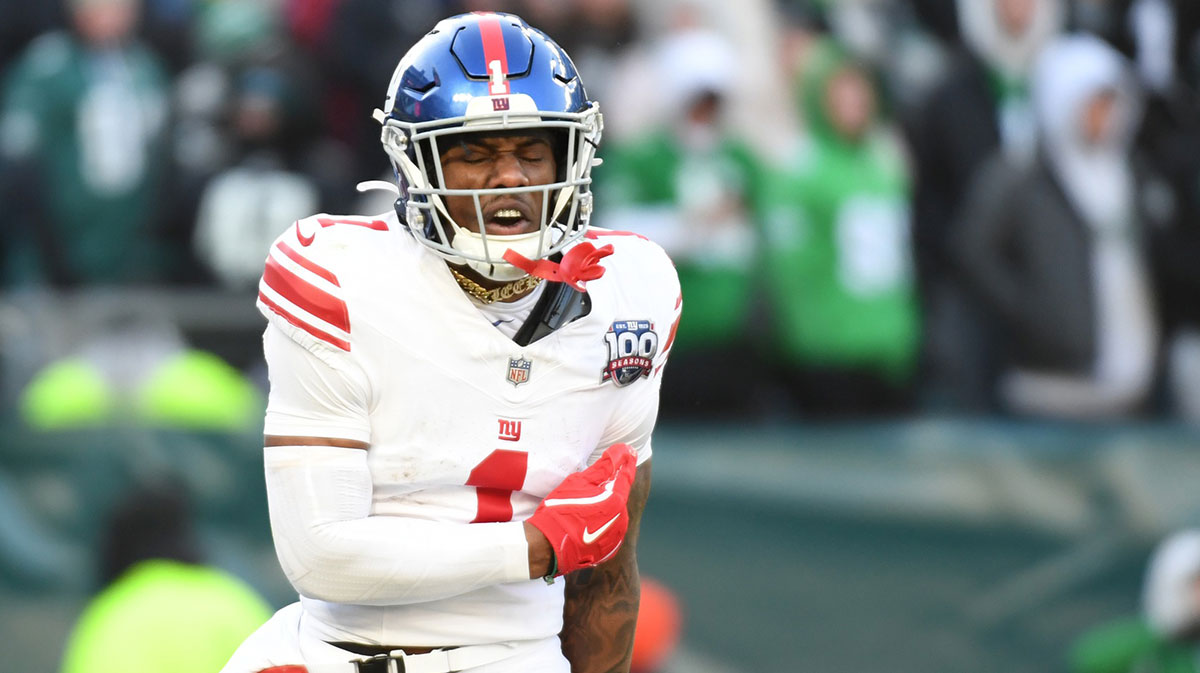 New York Giants wide receiver Malik Nabers (1) celebrates his 45-yard touchdown catch against the Philadelphia Eagles during the fourth quarter at Lincoln Financial Field.