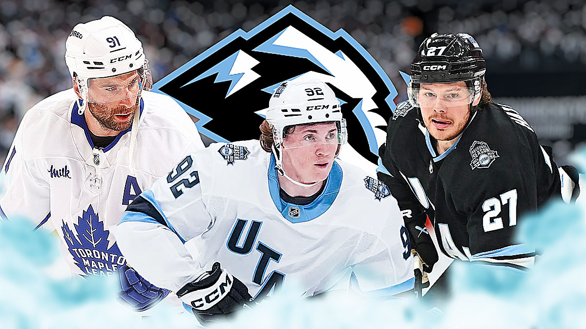 Logan Cooley in center, John Tavares and Barrett Hayton on the sides. Mammoth Logo. Mammoth free agency, mammoth dream, nhl free agency