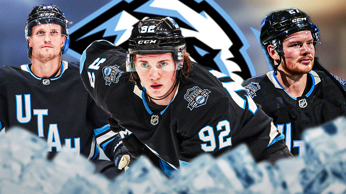 Logan Cooley in the center, Barrett Hayton and Nick Bjugstad on the outsides. Utah Mammoth new logo in the background. Mammoth free agency, Mammoth nightmare