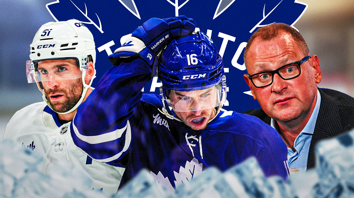 Mitch Marner, John Tavares, Brad Treliving with a Maple Leafs logo. Maple Leafs, Maple Leafs free agency, Maple Leafs dream free agency