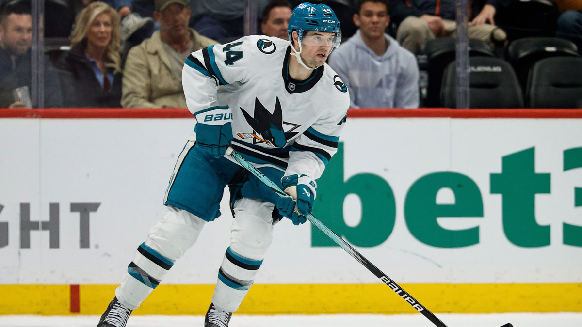 San Jose Sharks defenseman Marc-Edouard Vlasic (44) controls the puck in the third period against the Colorado Avalanche at Ball Arena.