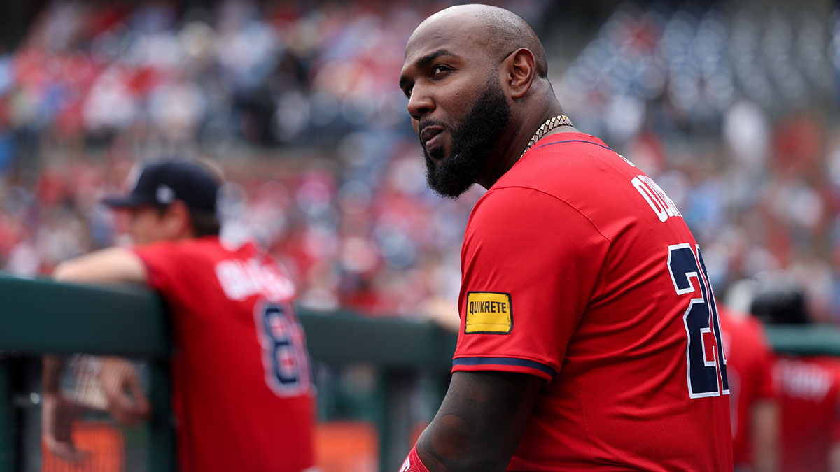 Atlanta Braves designated hitter Marcell Ozuna (20) looks on during the third inning against the Philadelphia Phillies.