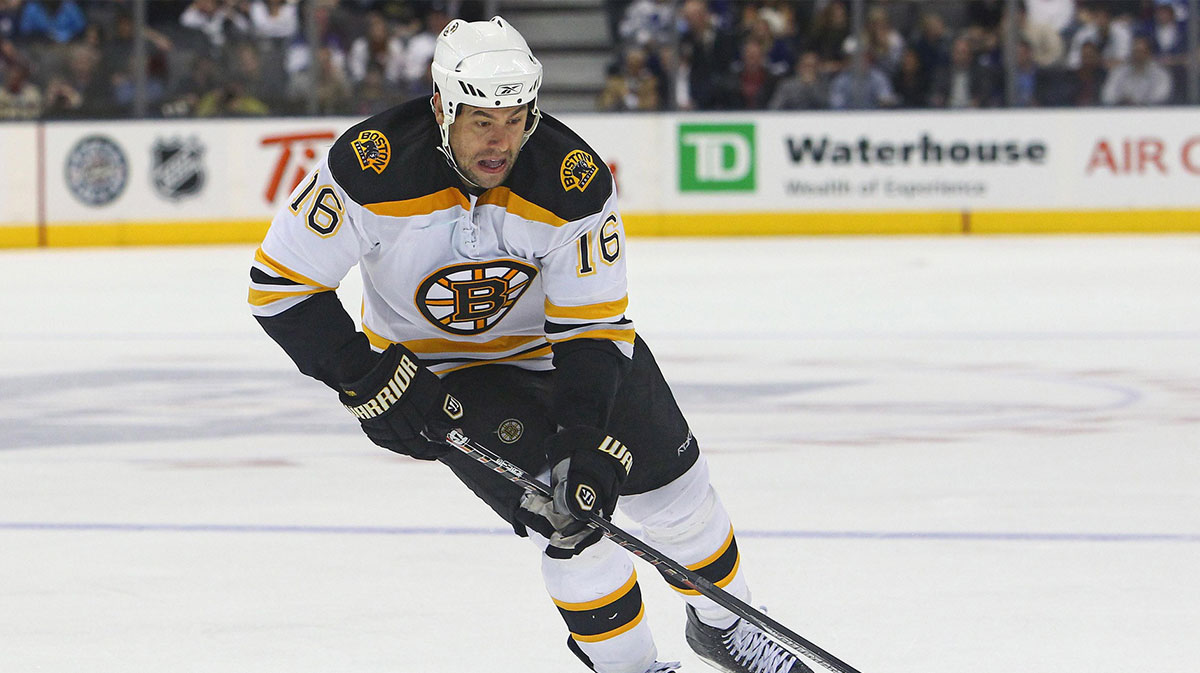 Boston Bruins left wing Marco Sturm (16) drives to the net against the Toronto Maple Leafs at the Air Canada Centre. The Bruins beat the Maple Leafs 2-1 in overtime.