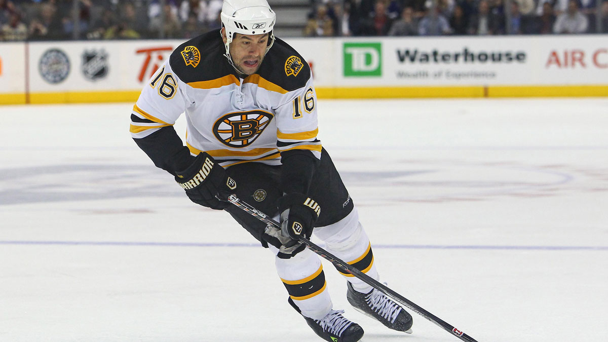 Boston Bruins left wing Marco Sturm (16) drives to the net against the Toronto Maple Leafs at the Air Canada Centre. The Bruins beat the Maple Leafs 2-1 in overtime
