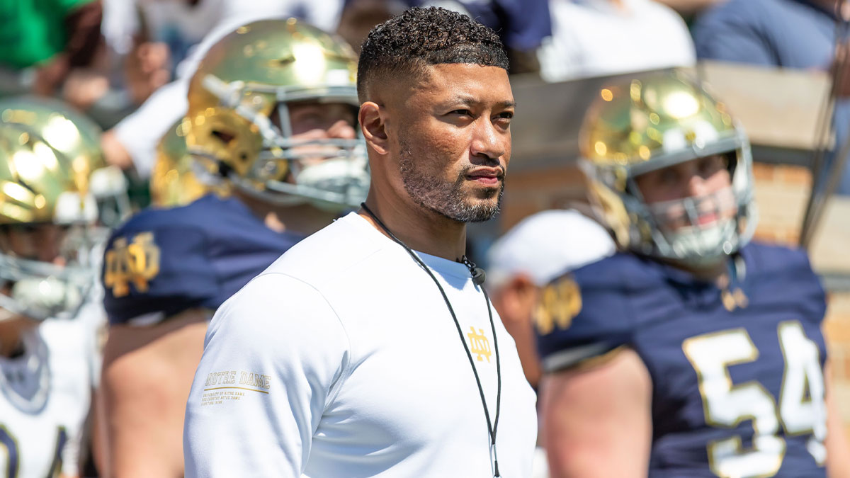 Notre Dame Fighting Irish head coach Marcus Freeman waits to run onto the field during the Blue-Gold game at Notre Dame Stadium. Mandatory Credit: Michael Caterina-Imagn Images