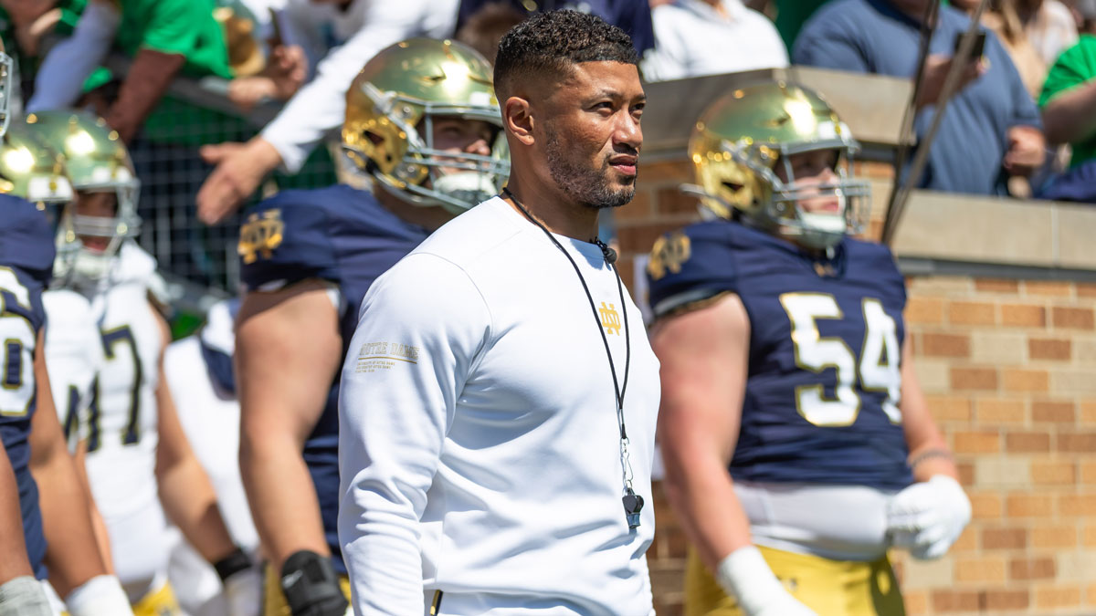Notre Dame Fighting Irish head coach Marcus Freeman waits to run onto the field during the Blue-Gold game at Notre Dame Stadium. Mandatory Credit: Michael Caterina-Imagn Images