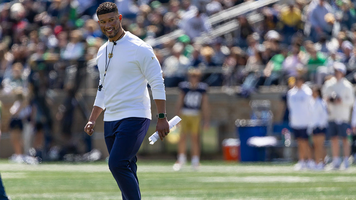 Notre Dame Fighting Irish head coach Marcus Freeman smiles during the Blue-Gold game at Notre Dame Stadium.
