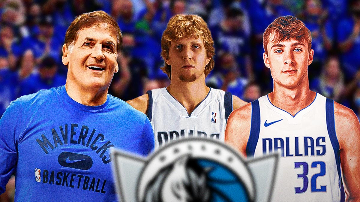 Mark Cuban on left. Mavericks Dirk Nowitzki (from when he played) and Mavericks Cooper Flagg (in a Mavs jersey) on right.