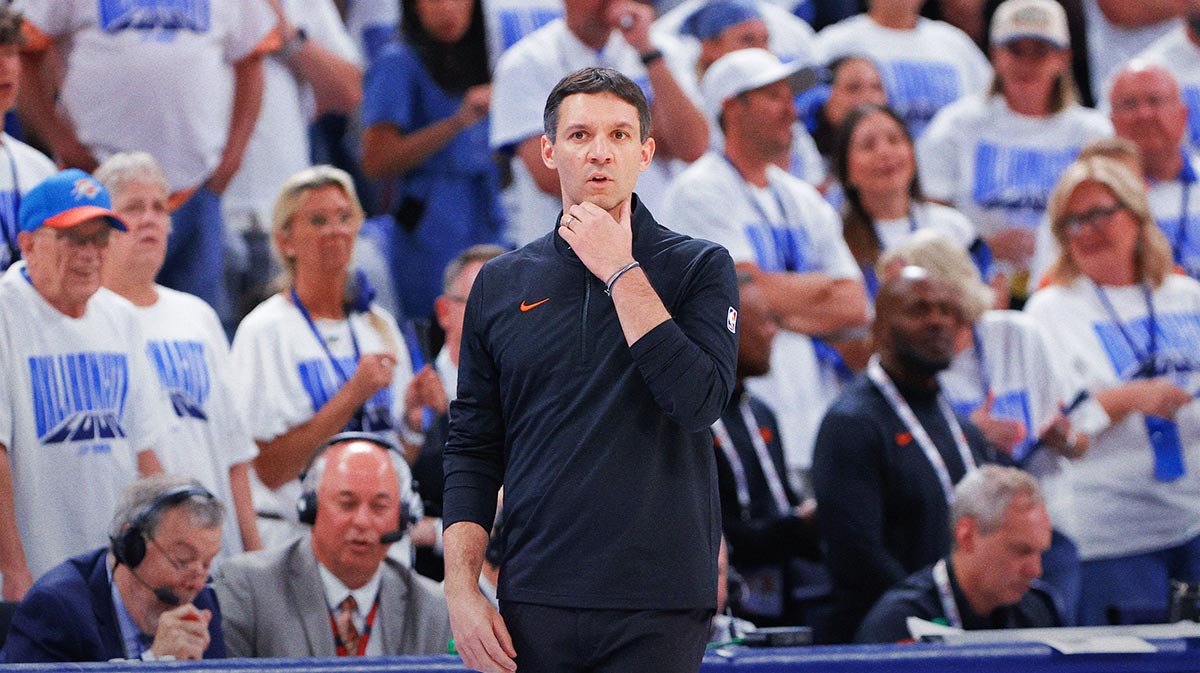 Oklahoma City Thunder head coach Mark Daigneault watches his team play against the Minnesota Timberwolves in the fourth quarter during game one of the western conference finals for the 2025 NBA Playoffs at Paycom Center.
