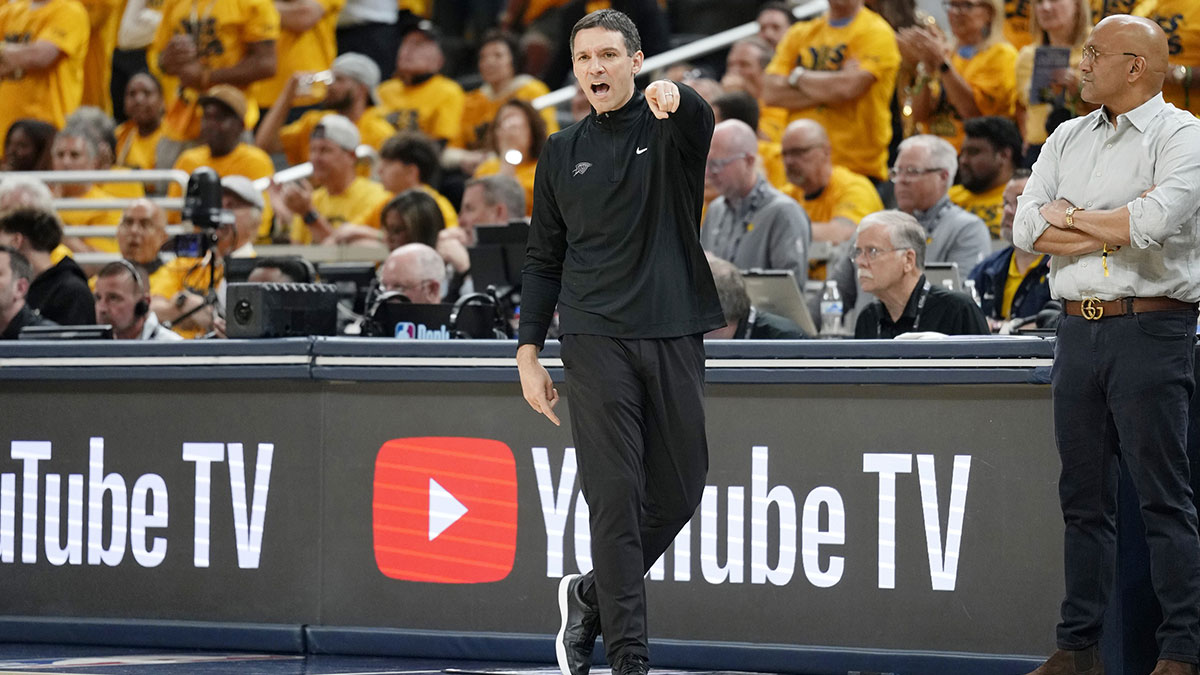 Thunder head coach Mark Daigneault directs players against the Indiana Pacers during the first half of game six of the 2025 NBA Finals between the Oklahoma City Thunder and the Indiana Pacers at Gainbridge Fieldhouse