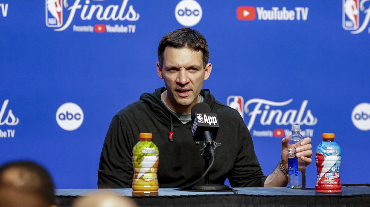 Oklahoma City Thunder head coach Mark Daigneault speaks to the media after the Thunder lose to the Indiana Pacers during game one of the 2025 NBA Finals at Paycom Center.