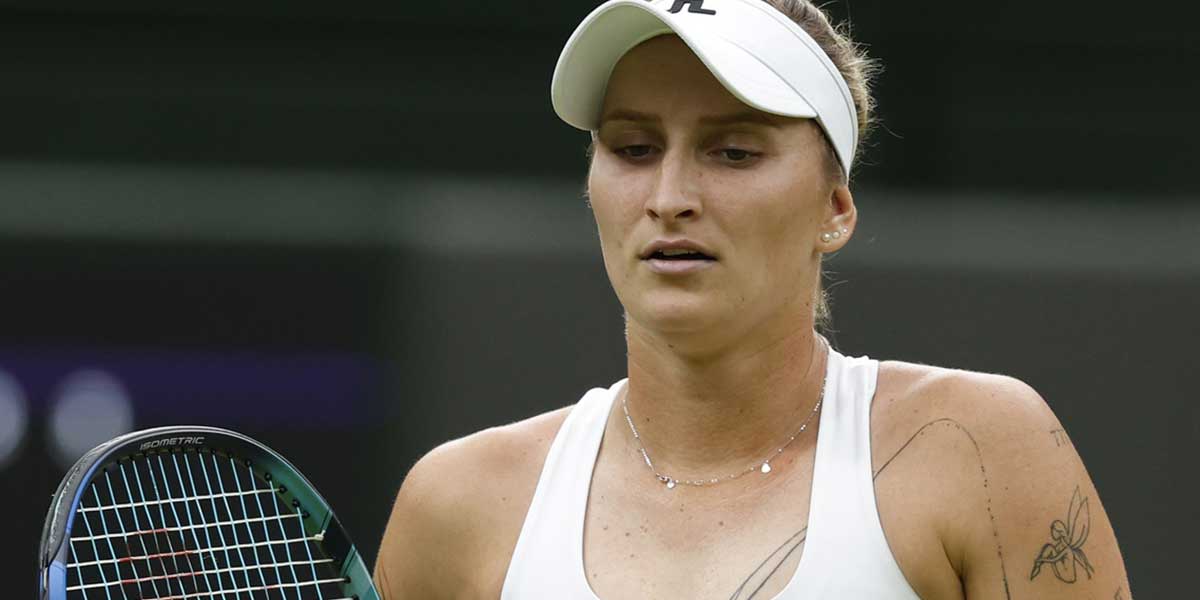 Marketa Vondrousova (CZE) reacts after losing a point against Jessica Bouzas Maneiro (ESP) (not pictured) in a ladies' singles match on day two of The Championships Wimbledon 2024 at All England Lawn Tennis and Croquet Club.