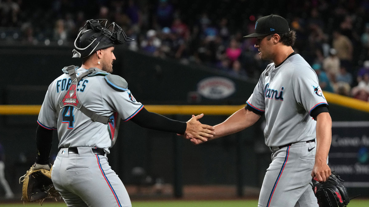 Miami Marlins pitcher Tyler Phillips (30) celebrates with catcher Nick Fortes (4) after defeating the Arizona Diamondbacks at Chase Field.