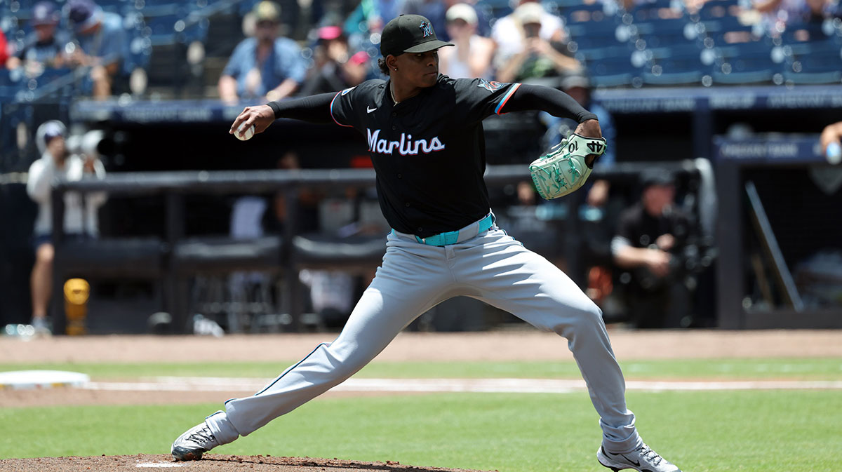 Miami Marlins starting pitcher Edward Cabrera (27) throws a pitch against the Tampa Bay Rays during the first inning at George M. Steinbrenner Field.