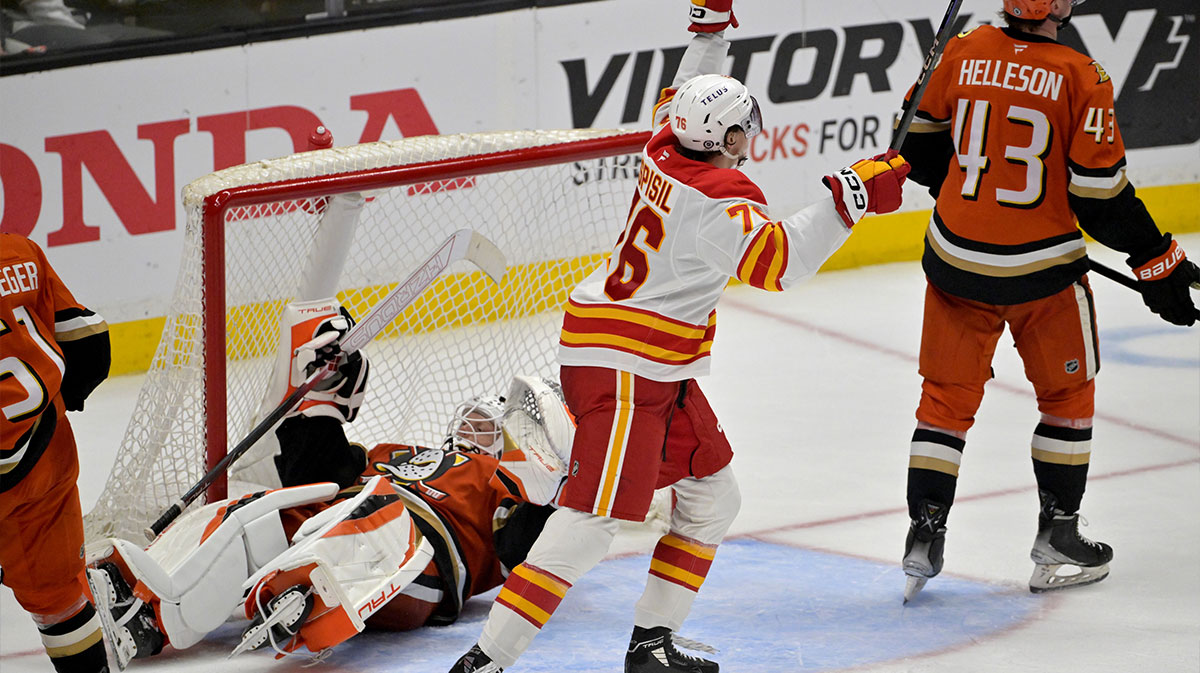 Anaheim Ducks goaltender Ville Husso (33) lay on the ice as Calgary Flames center Martin Pospisil (76) celebrates after a goal during the third period at Honda Center.