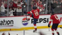 Florida Panthers forward Matthew Tkachuk (19) celebrates scoring during the first period against the Edmonton Oilers in game four of the 2025 Stanley Cup Final at Amerant Bank Arena