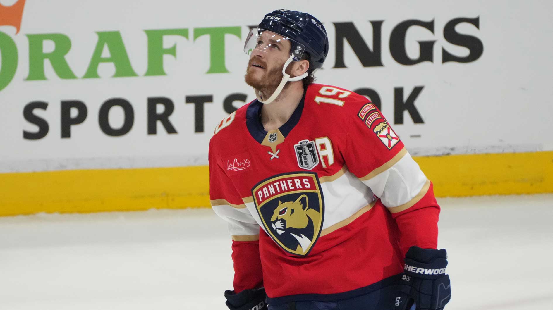 Florida Panthers forward Matthew Tkachuk (19) celebrates scoring during the first period against the Edmonton Oilers in game four of the 2025 Stanley Cup Final at Amerant Bank Arena.