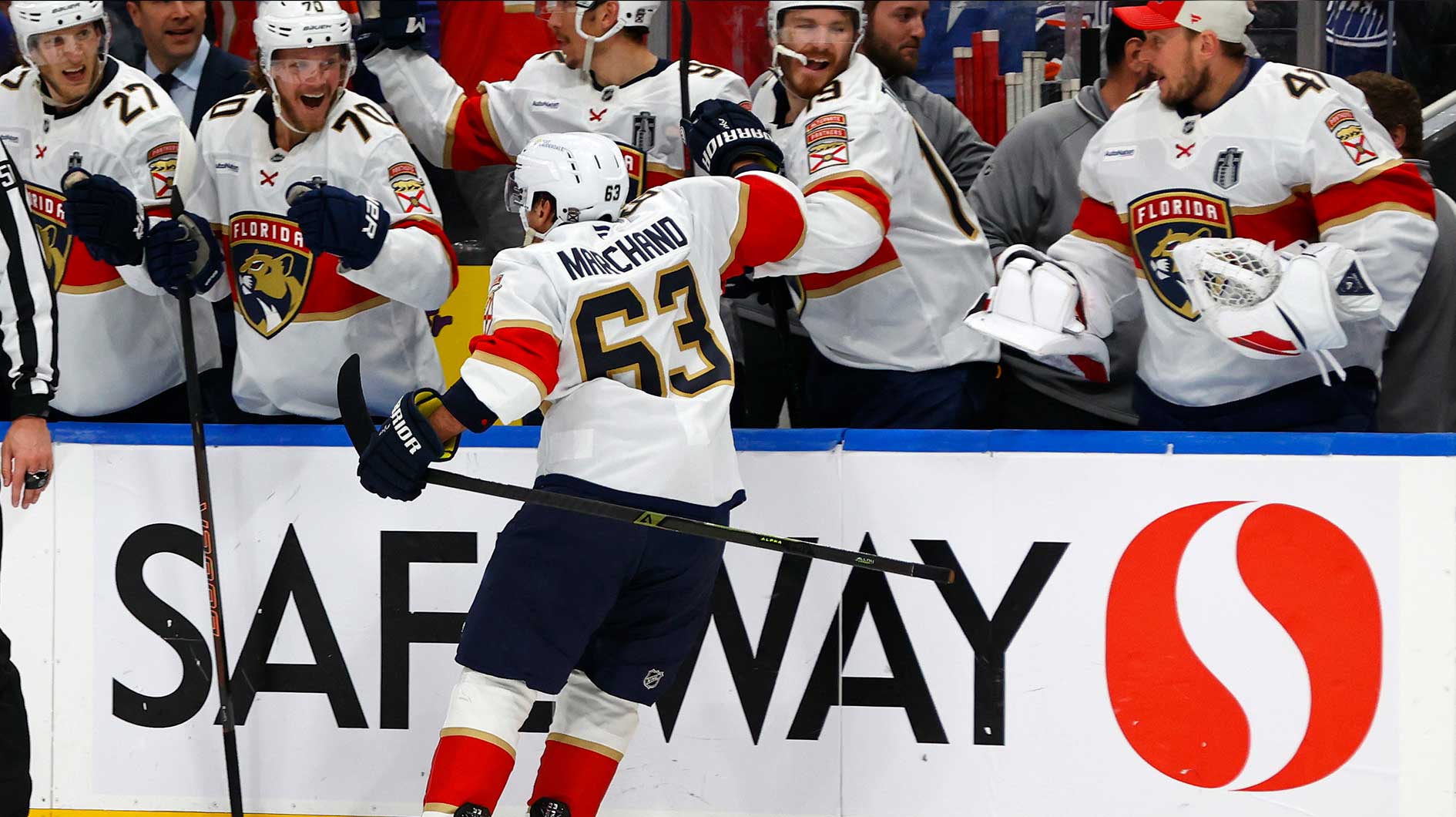 Florida Panthers center Brad Marchand (63) reacts after scoring a goal against the Edmonton Oilers during the first period in game two of the 2025 Stanley Cup Final at Rogers Place.