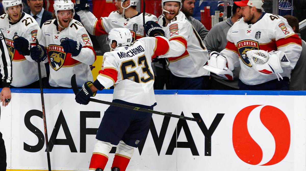 Florida Panthers center Brad Marchand (63) reacts after scoring a goal against the Edmonton Oilers during the first period in game two of the 2025 Stanley Cup Final at Rogers Place.