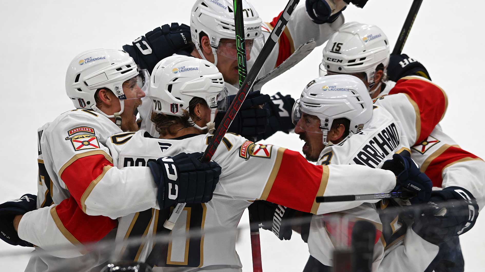 Florida Panthers center Brad Marchand (63) reacts with teammates after scoring he game winning goal during double overtime in game two of the 2025 Stanley Cup Final at Rogers Place