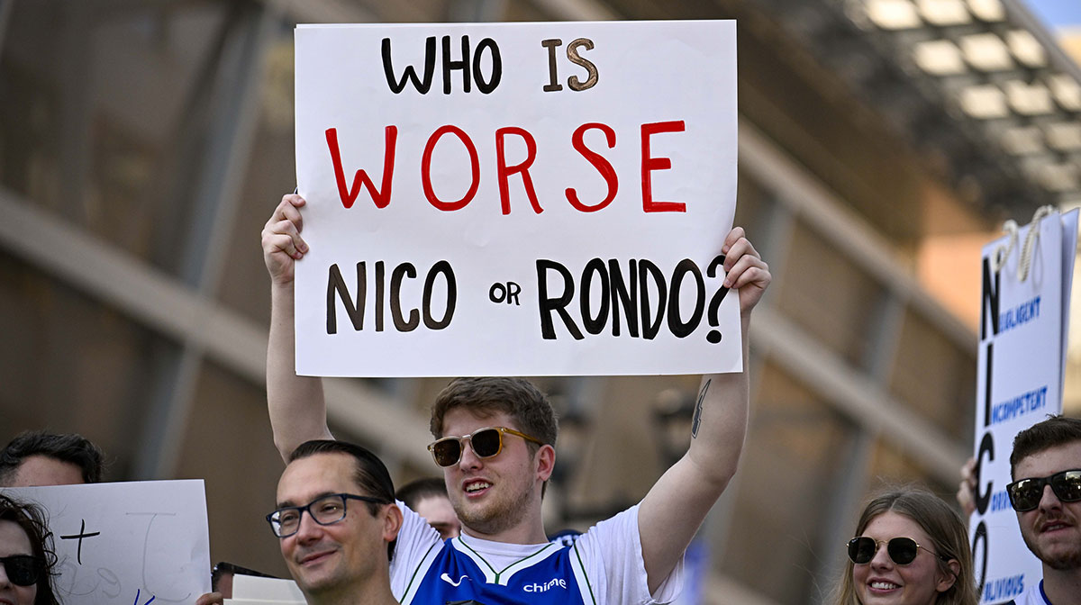 Dallas Mavericks fans gather outside the arena before the game between the Dallas and the Houston Rockets to protest the Nico Harrison trade of former Mavericks point guard Luka Doncic to the Los Angeles Lakers.