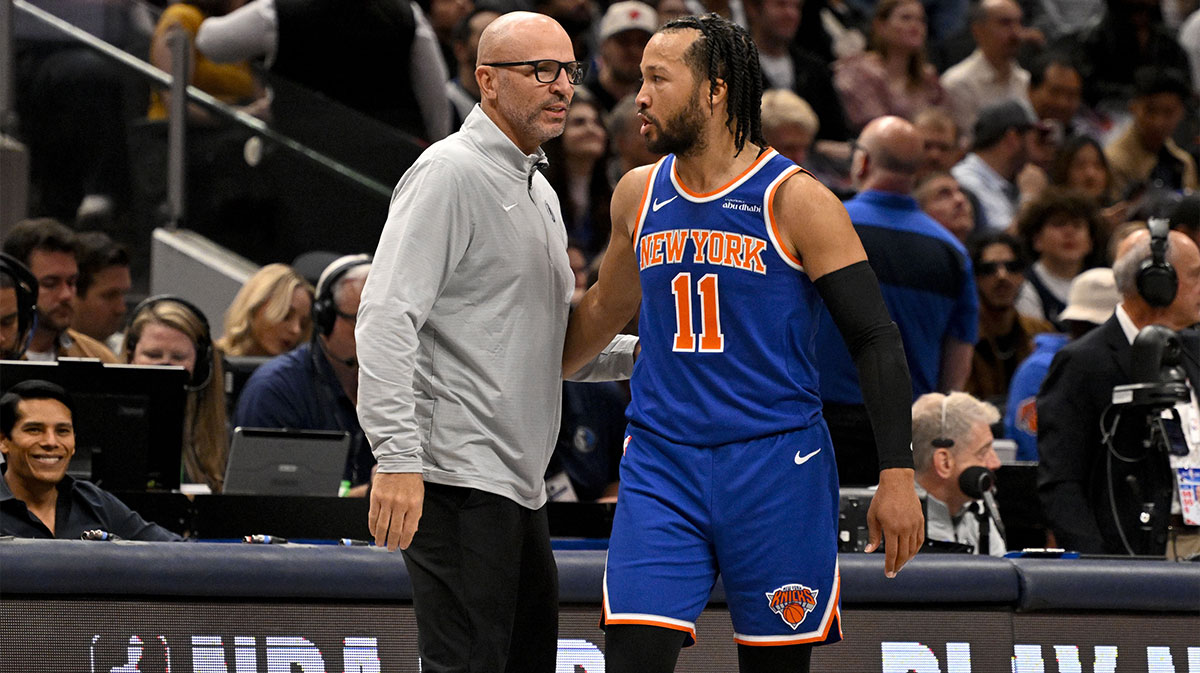 Dallas Mavericks head coach Jason Kidd and New York Knicks guard Jalen Brunson (11) during the game between the Dallas Mavericks and the New York Knicks at the American Airlines Center.