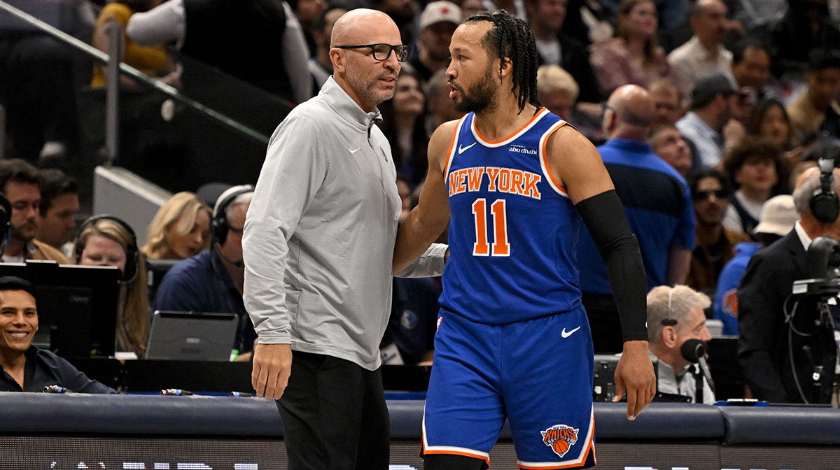 Mavericks head coach Jason Kidd and New York Knicks guard Jalen Brunson (11) during the game between the Dallas Mavericks and the New York Knicks at the American Airlines Center