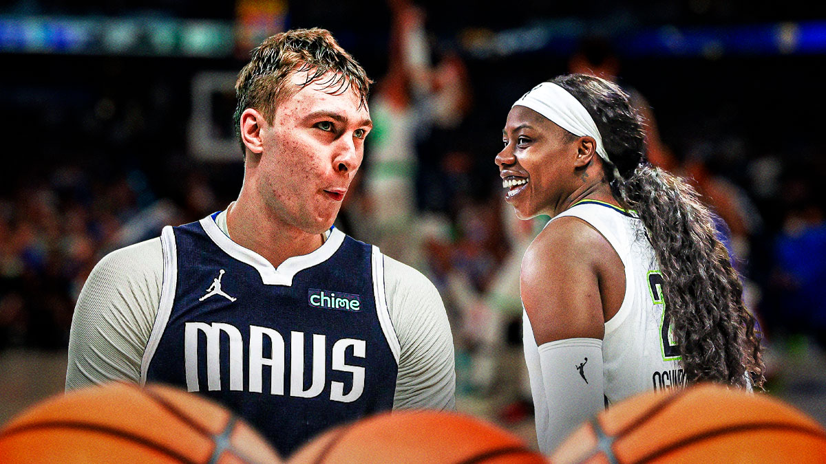 Wings Arike Ogunbowale smiling on left. Cooper Flagg in a Mavericks jersey on right.
