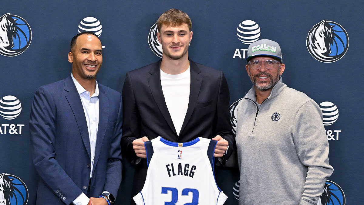Dallas Mavericks first overall pick Cooper Flagg speaks to the media during a press conference at the Dallas Mavericks Practice Facility.