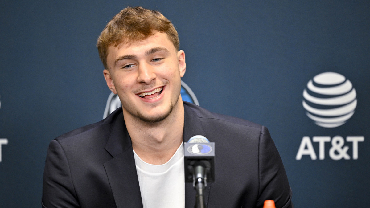 Dallas Mavericks first overall pick Cooper Flagg speaks to the media during a press conference at the Dallas Mavericks Practice Facility.