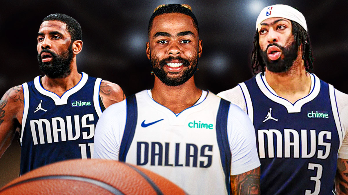 Mavericks' Anthony Davis and Kyrie Irving with free agent signing D'Angelo Russell.