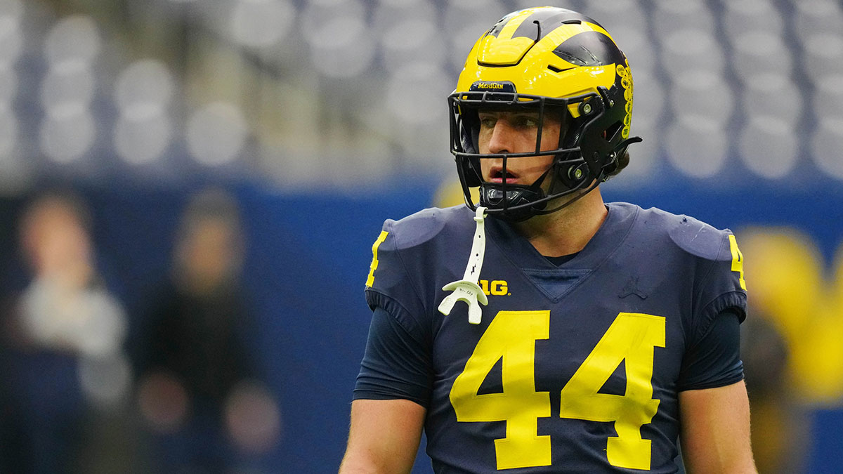 Michigan Wolverines tight end Max Bredeson (44) looks on during a practice session before the College Football Playoff national championship game against the Washington Huskies at NRG Stadium.