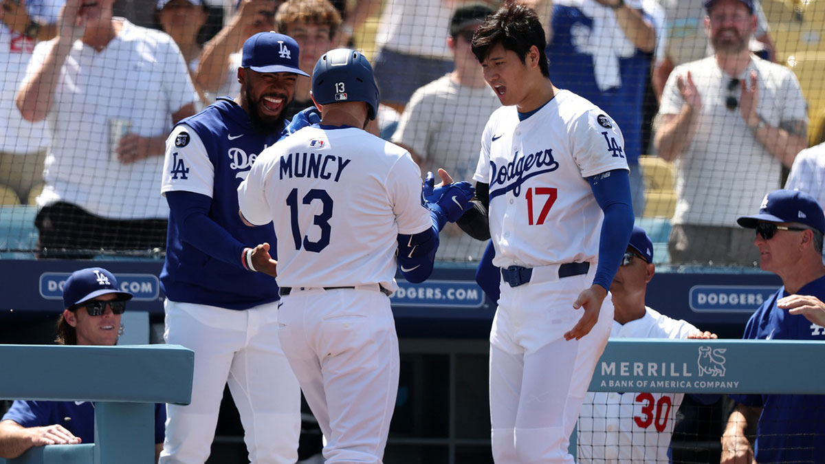 Los Angeles Dodgers third baseman Max Muncy (13) celebrates with right fielder Teoscar Hernandez (37, left) and two-way player Shohei Ohtani (17, right) after hitting a three-run home run during the seventh inning against the Washington Nationals at Dodger Stadium.