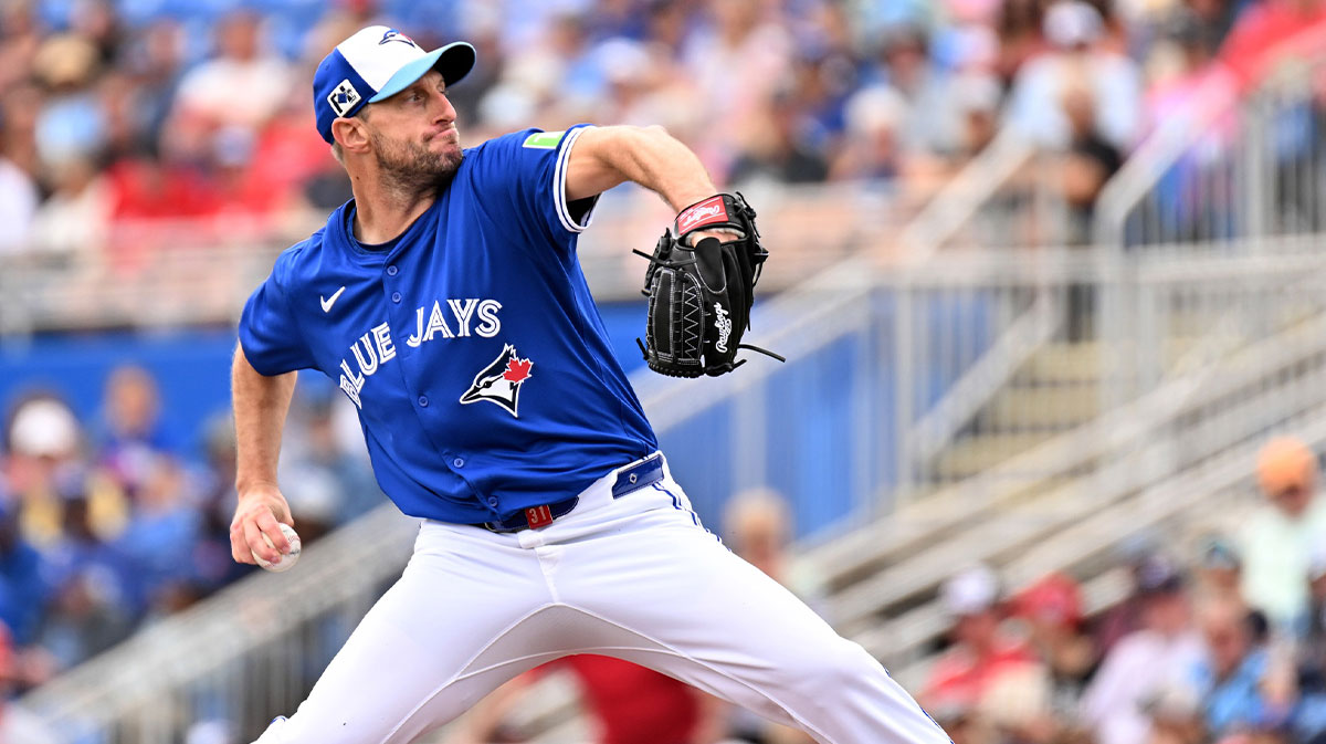 Feb 25, 2025; Dunedin, Florida, USA; Toronto Blue Jays starting pitcher Max Scherzer (31) throws a pitch in the first inning against the St. Louis Cardinals during spring training at TD Ballpark.