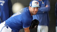 Feb 15, 2025; Dunedin, FL, USA; Toronto Blue Jays pitcher Max Scherzer (31) pitches during spring training workouts at TD Ballpark. Mandatory Credit: Kim Klement Neitzel-Imagn Images
