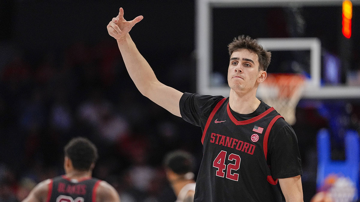 Stanford Cardinal forward Maxime Raynaud (42) after a dunk against the Louisville Cardinals during the second half at Spectrum Center.