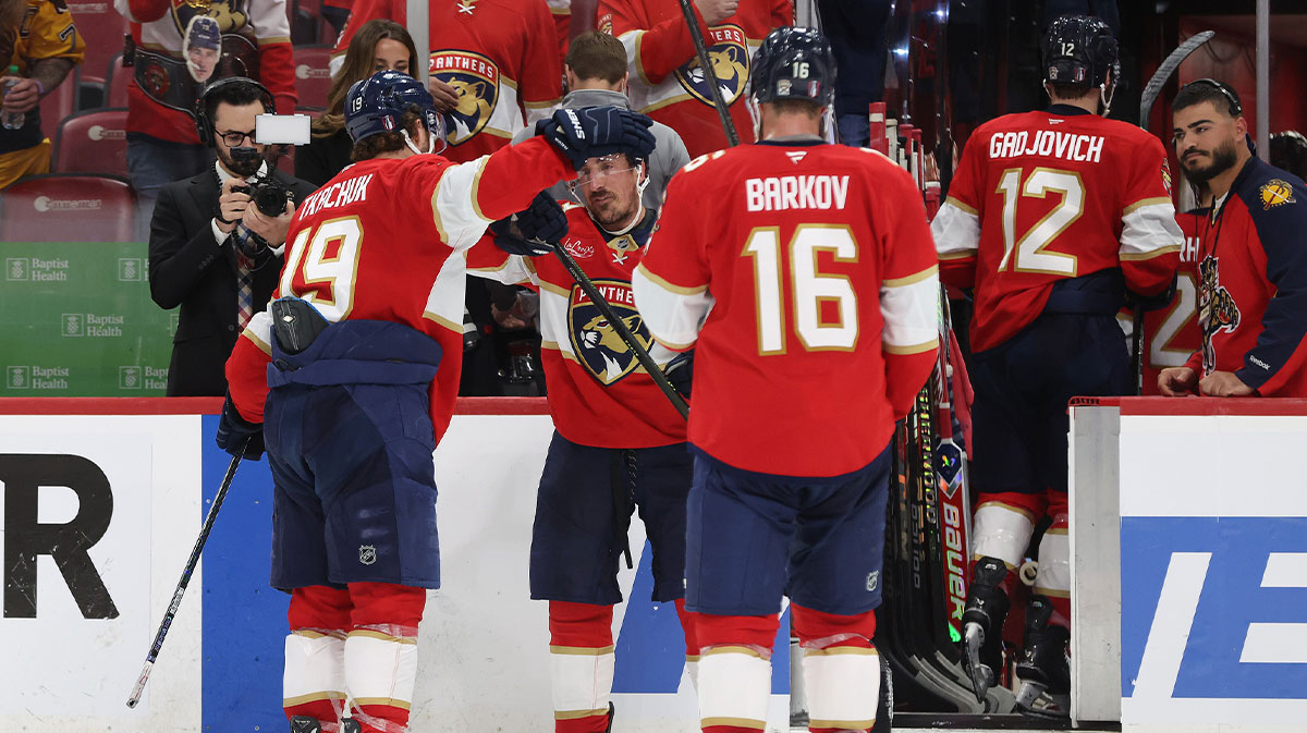 lorida Panthers center Brad Marchand (63), left wing Matthew Tkachuk (19) and center Aleksander Barkov (16) celebrate after they beat the Toronto Maple Leafs in game four of the second round of the 2025 Stanley Cup Playoffs at Amerant Bank Arena.