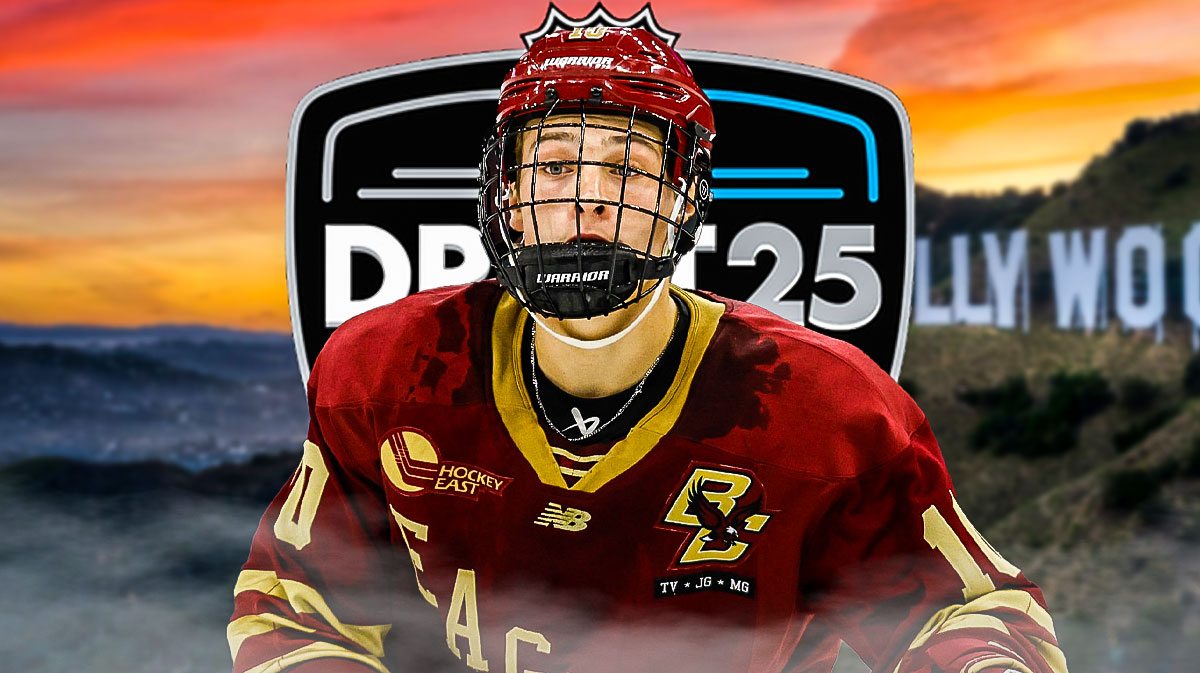 Boston College hockey star James Hagens in the center. 2025 NHL Draft logo behind him. Please use an image of the Hollywood sign as the background image.