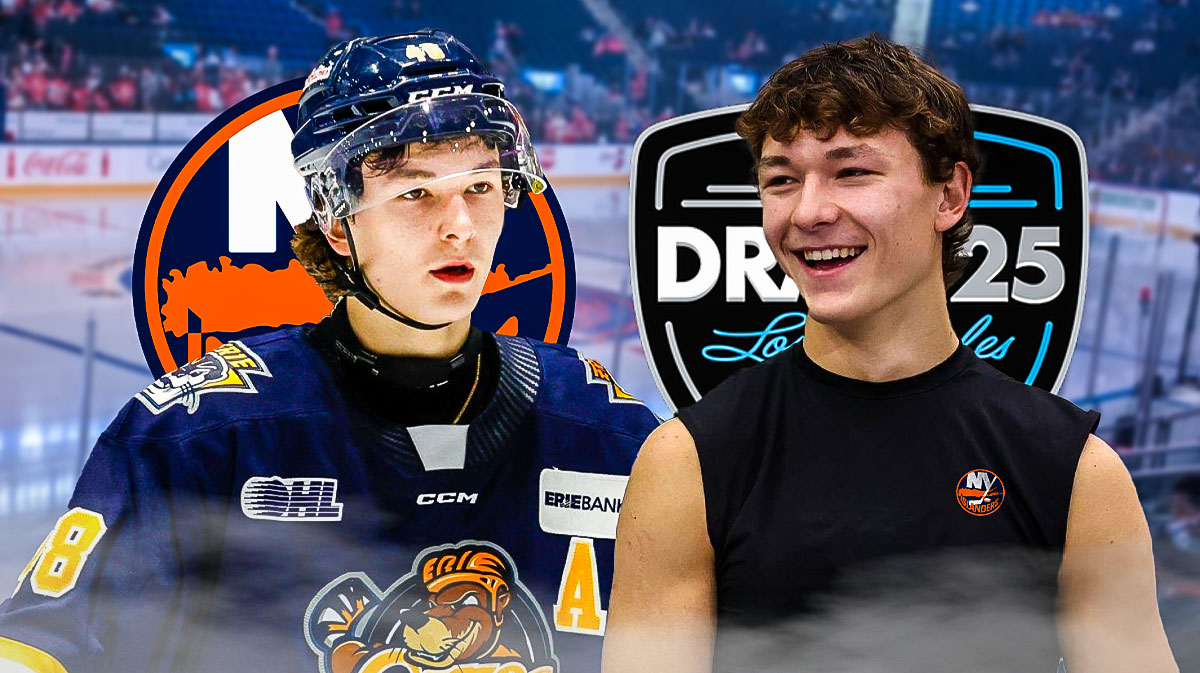 Erie Otters defenseman Matthew Schaefer wearing New York Islanders gear. Islanders logo and 2025 NHL Draft logo on either side of him. UBS Arena as the background image.