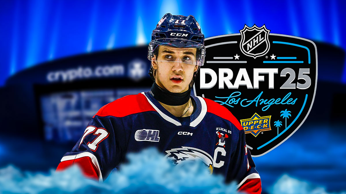 Saginaw Spirit star Michael Misa in the center. 2025 NHL Draft logo next to him. Crypto.com Arena as the background image.