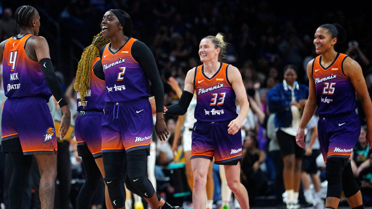 Mercury guard Kahleah Copper (2), Sami Whitcomb (33) and Alyssa Thomas (25) celebrate against the Liberty during a game in Phoenix, at PHX Arena on June 27, 2025.