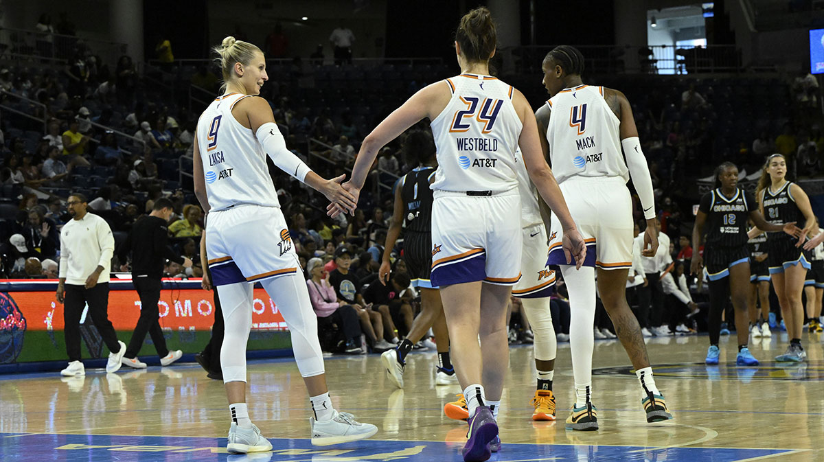 Phoenix Mercury guard Kitija Laksa (9) and Phoenix Mercury forward Kathryn Westbeld (24) reacts after the game against the Chicago Sky at Wintrust Arena.