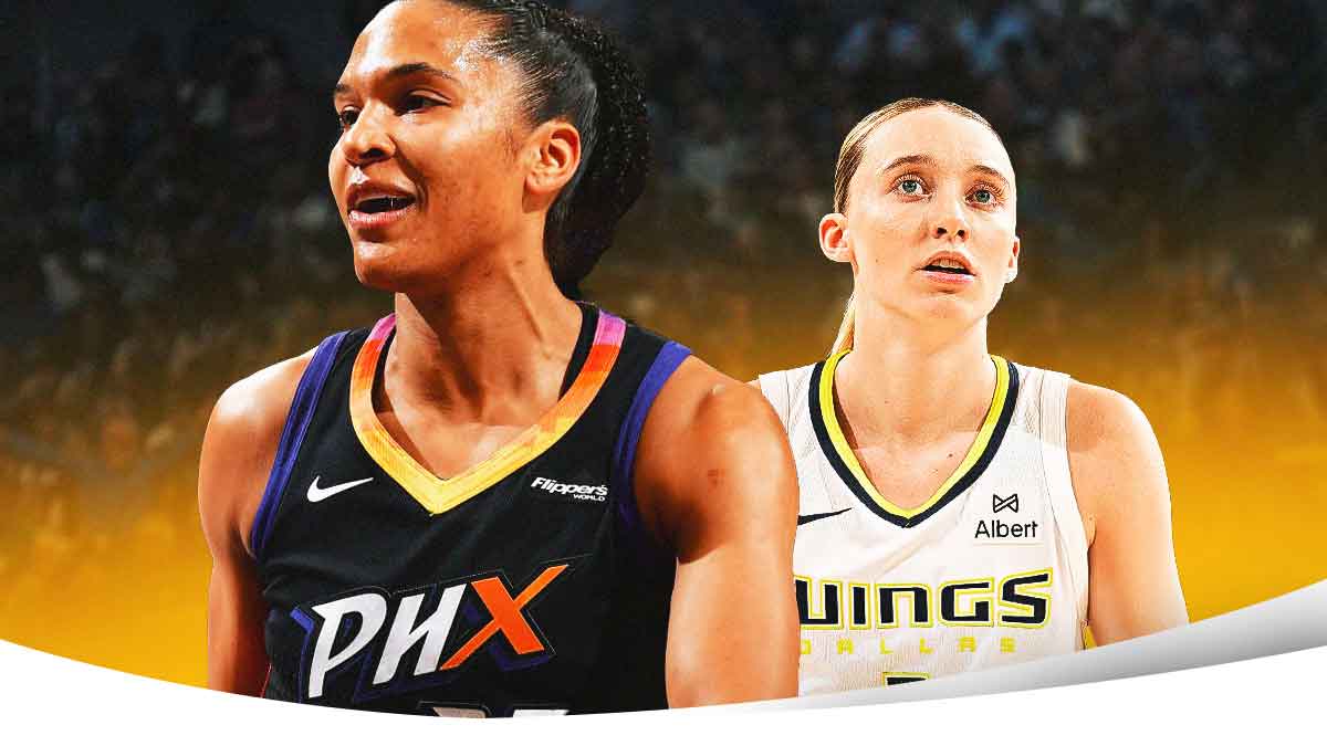 Alyssa Thomas in a Mercury jersey looking hyped, with Paige Bueckers looking sad, and a background of the PHX Arena.
