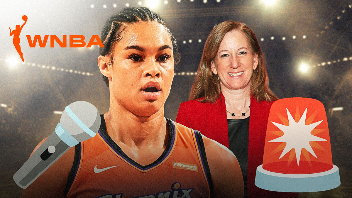 Phoenix Mercury forward Satou Sabally with microphone and siren emojis around her, and WNBA commissioner Cathy Englebert in the photo, along with the WNBA logo.