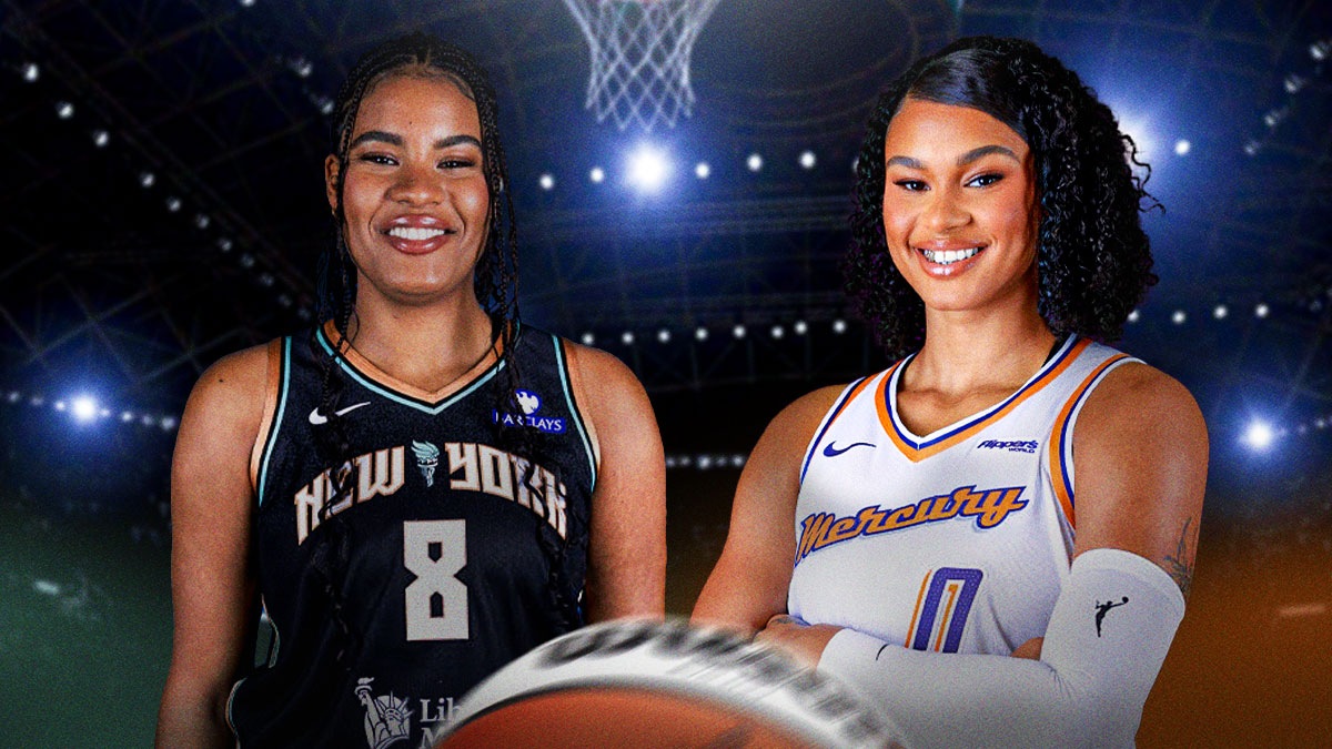 Satou Sabally smiling in a Phoenix Mercury jersey, with her sister, Nyara Sabally in a New York Liberty jersey.