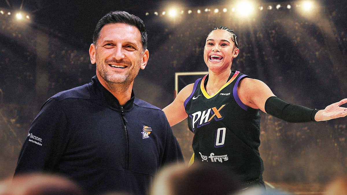 Satou Sabally looking hyped, with Phoenix Mercury head coach Nate Tibbetts smiling and a background of the Los Angeles Sparks home arena.