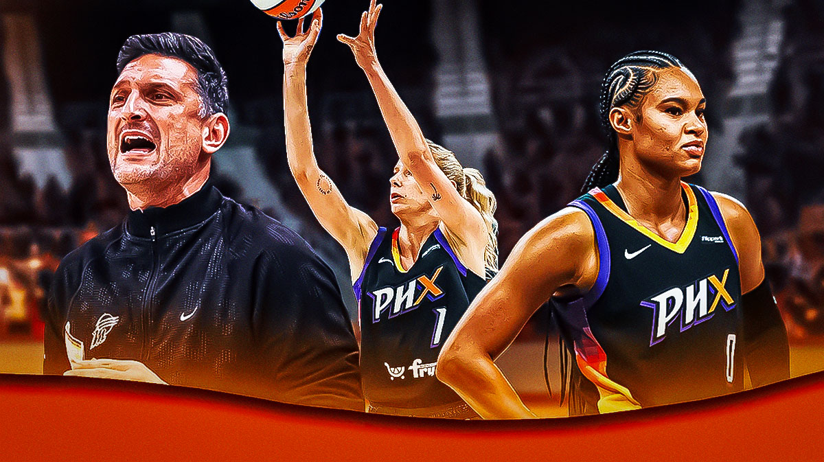 Phoenix Mercury Lexi Held looking hyped, and another photo of her shooting a ball of fire. There's also Mercury head coach Nate Tibbetts and Satou Sabally smiling next to Held.