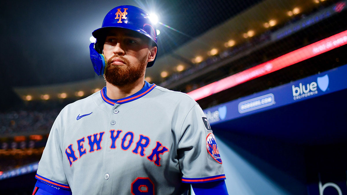 New York Mets left fielder Brandon Nimmo (9) before hitting against the Los Angeles Dodgers during the fifth inning at Dodger Stadium.